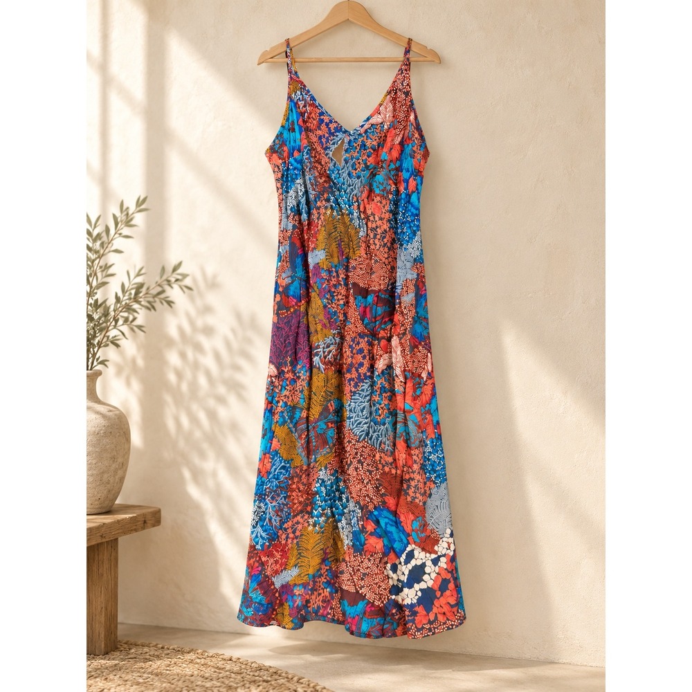 Anthropologie Floral V-Neck Maxi Dress Blue Orange Keyhole Boho Size 10 US 14 UK